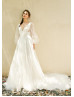 Long Sleeves Ivory Tulle V Back Charming Wedding Dress